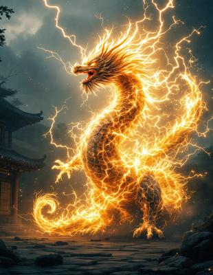 Primary subject: A dragon with a fiery mane and tail, standing in front of a building.

Setting/background: The dragon is standing in front of a building, which could be a temple or a similar structure.

Visual style: The image is a digital art or illustration, featuring a dragon with a fiery mane and tail.

Colors and mood: The dragon has a fiery appearance, with its mane and tail emitting a bright, glowing light.